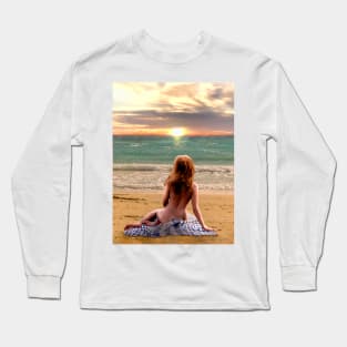 Woman sitting on beach looking at sunset peaceful relaxed zen yoga buddhism Long Sleeve T-Shirt